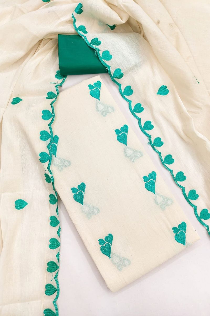 Off White Cotton Teal Color Heart Embroidered Design Salwar Suit | Buy Online India
