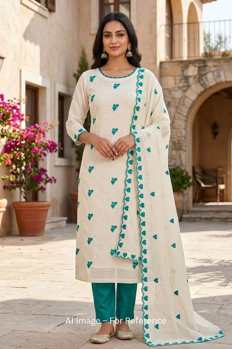 Off White Cotton Teal Color Heart Embroidered Design Salwar Suit | Buy Online India