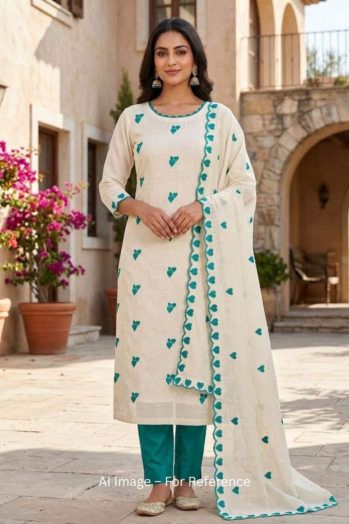 Off White Cotton Teal Color Heart Embroidered Design Salwar Suit | Buy Online India