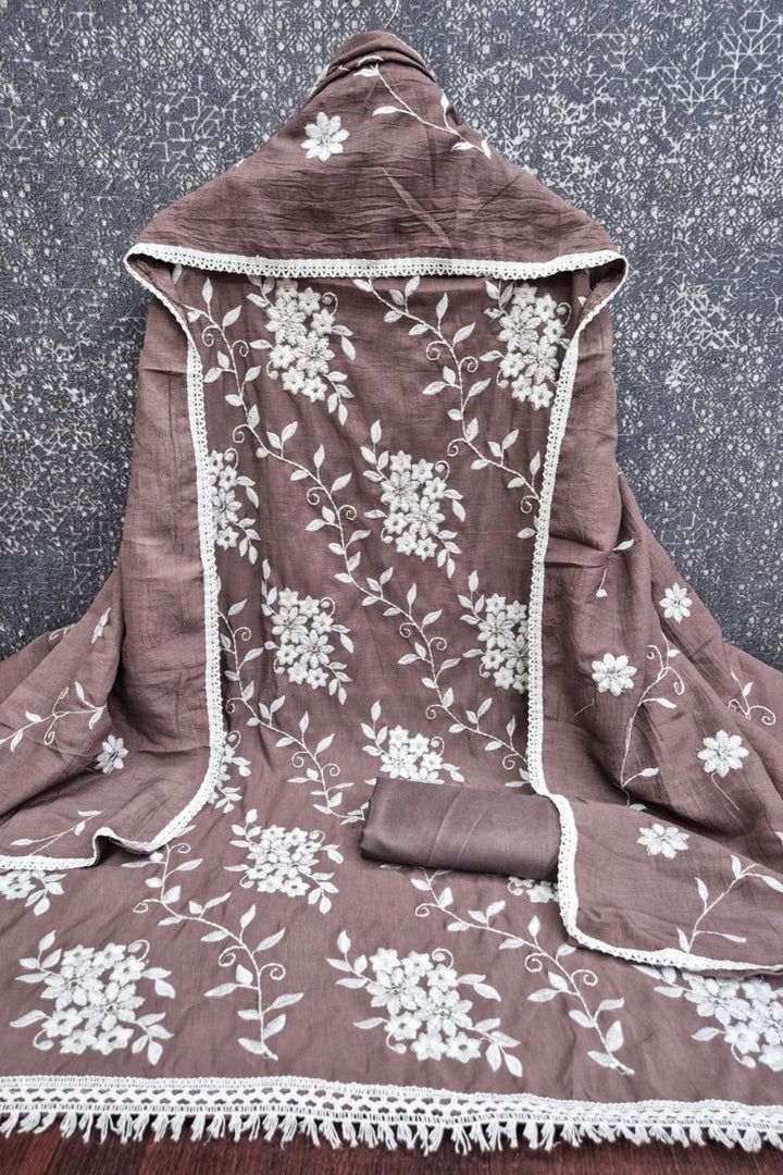 Tempting Art Silk Fabric Brown Embroidered Straight Cut Suit | Buy Online India