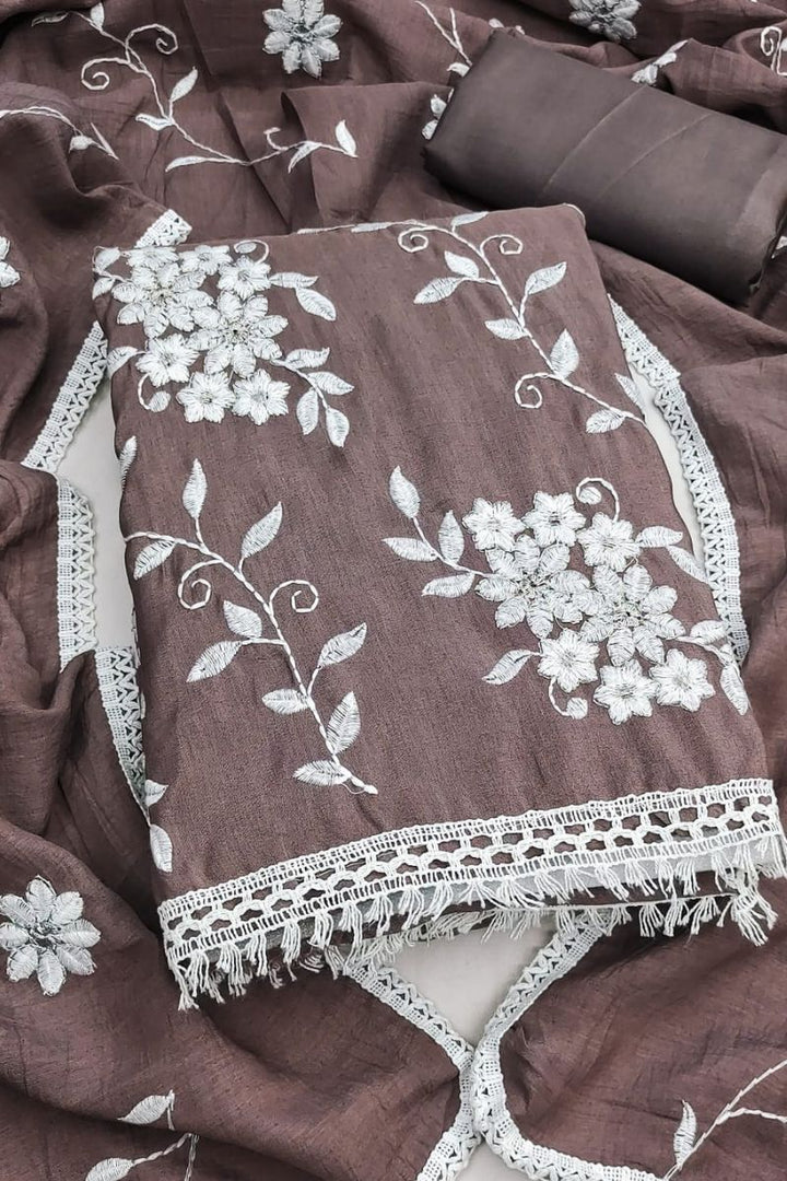 Tempting Art Silk Fabric Brown Embroidered Straight Cut Suit | Buy Online India