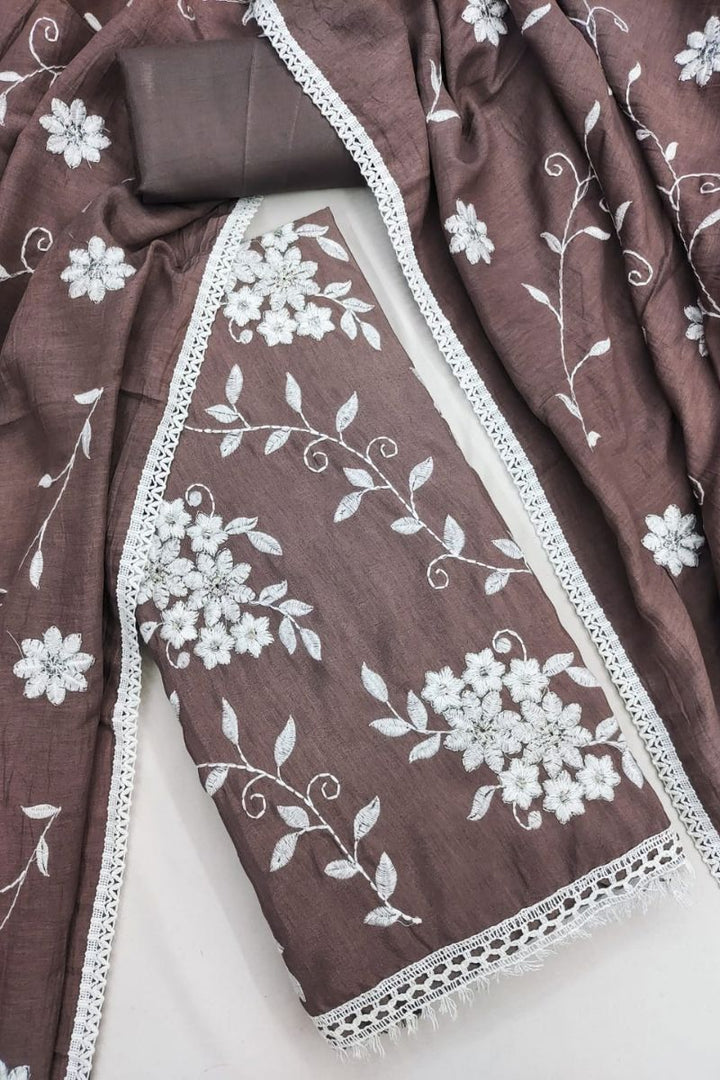 Tempting Art Silk Fabric Brown Embroidered Straight Cut Suit | Buy Online India