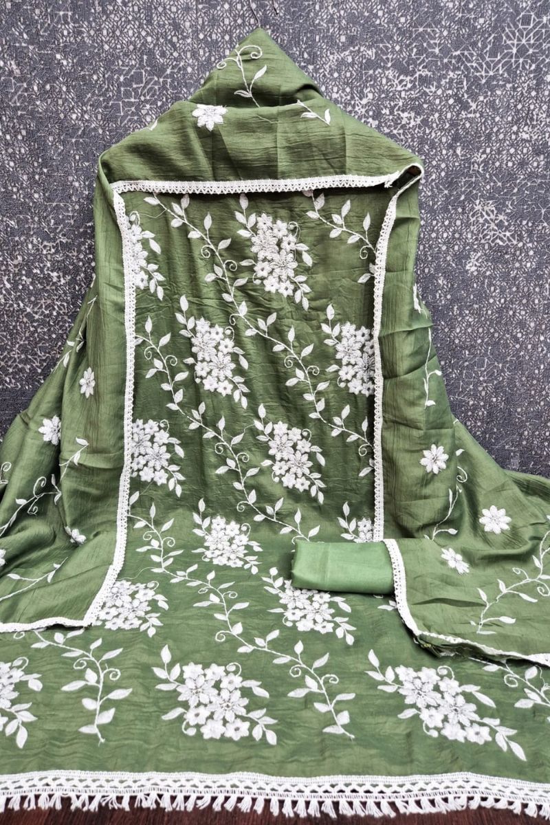 Lovely Art Silk Fabric Green Embroidered Straight Cut Suit | Buy Online India