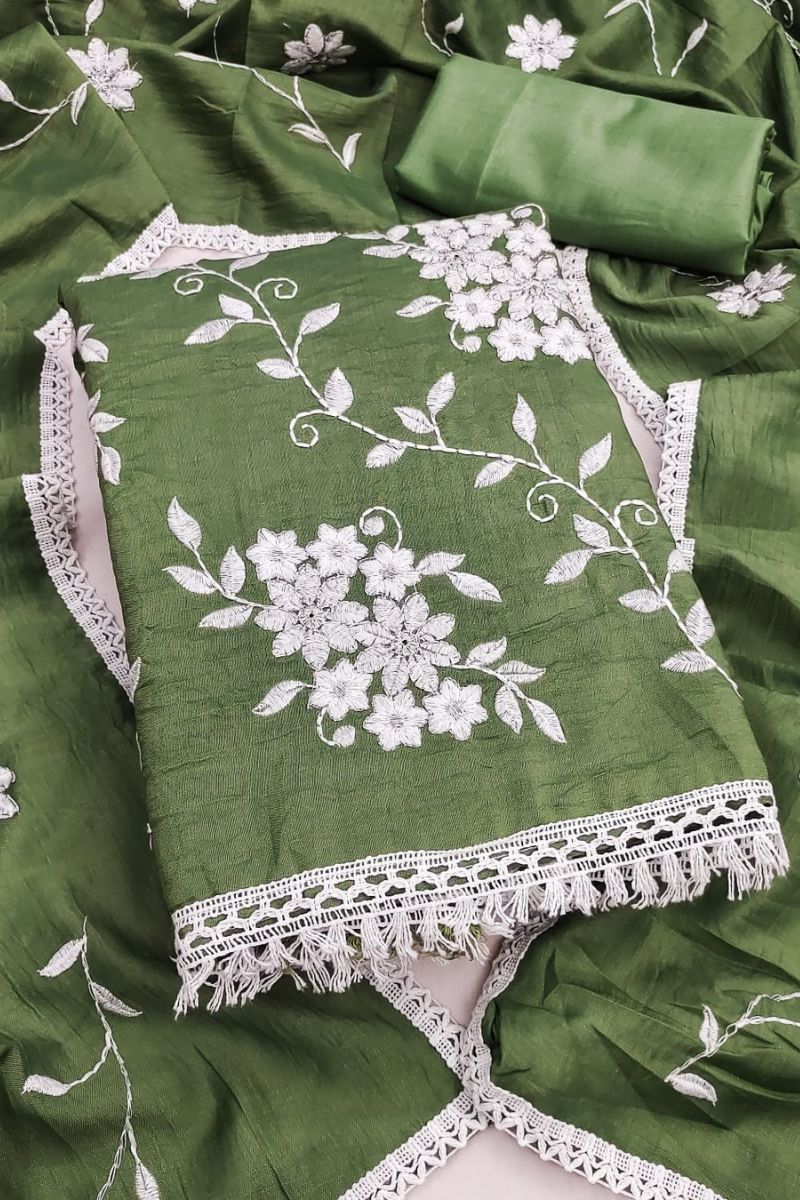 Lovely Art Silk Fabric Green Embroidered Straight Cut Suit | Buy Online India