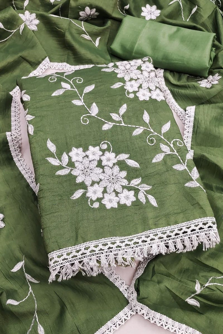 Lovely Art Silk Fabric Green Embroidered Straight Cut Suit | Buy Online India