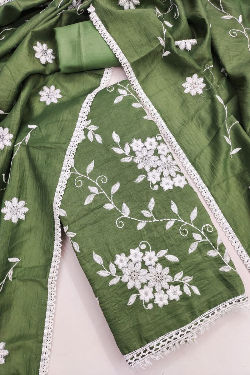 Lovely Art Silk Fabric Green Embroidered Straight Cut Suit | Buy Online India