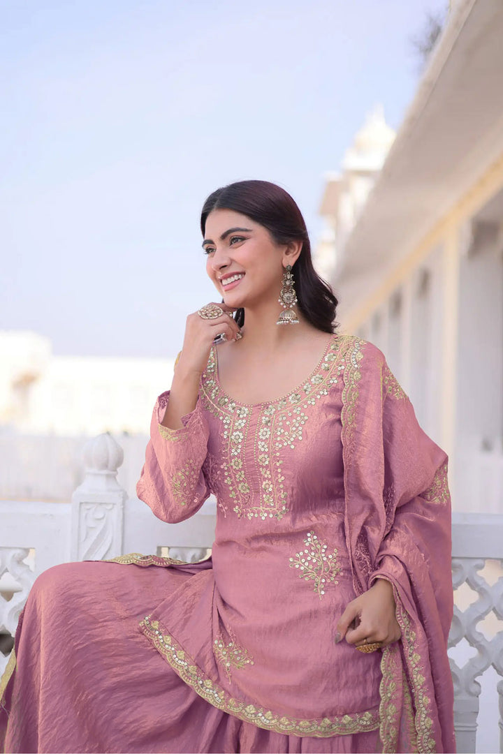 Fancy Fabric Pink Readymade Embroidered Palazzo Suit