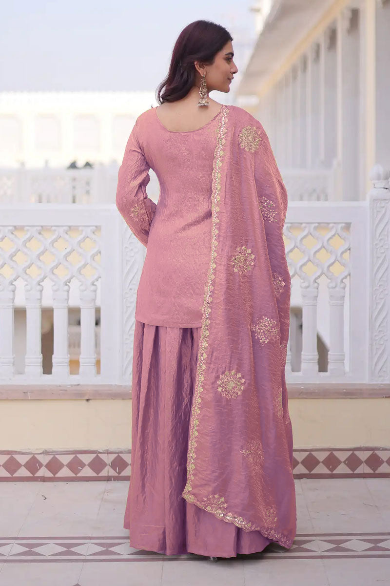 Fancy Fabric Pink Readymade Embroidered Palazzo Suit