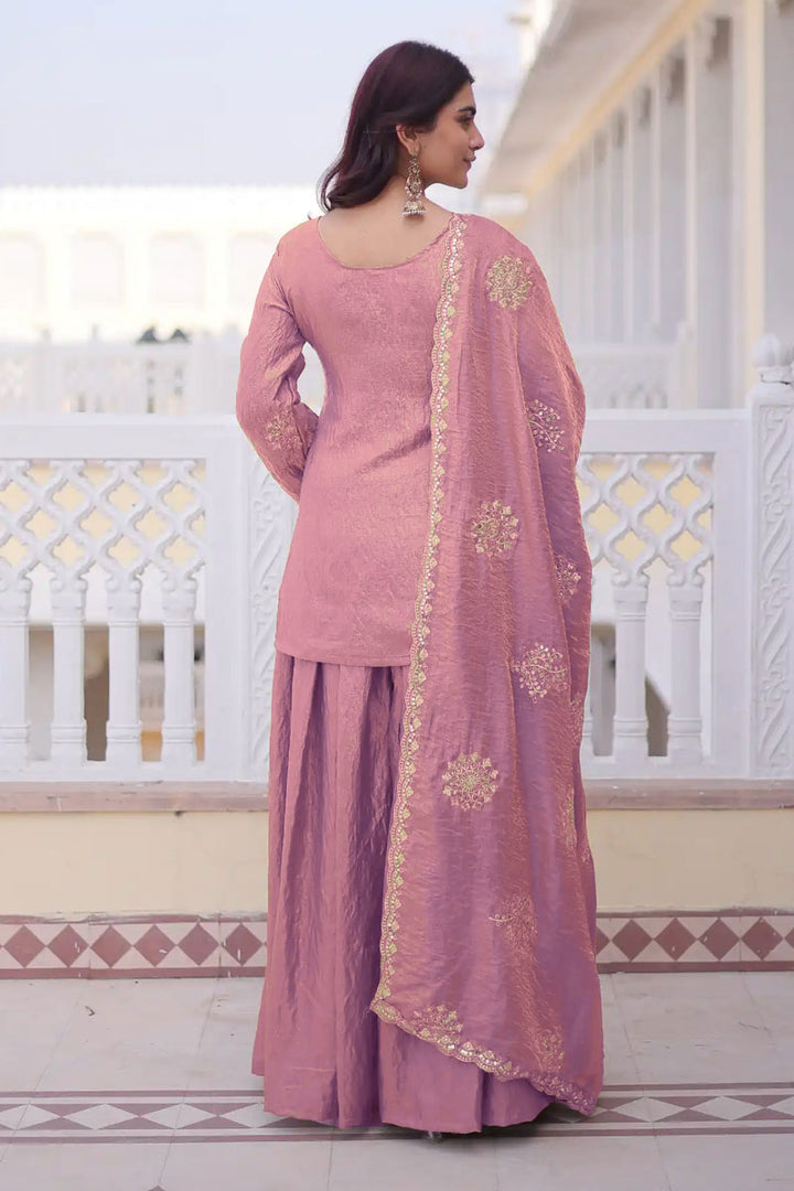 Fancy Fabric Pink Readymade Embroidered Palazzo Suit