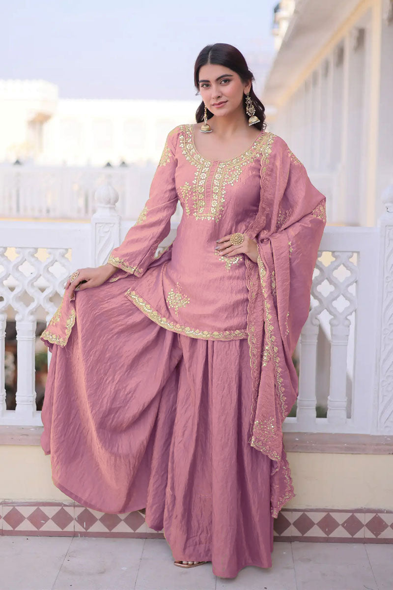 Fancy Fabric Pink Readymade Embroidered Palazzo Suit