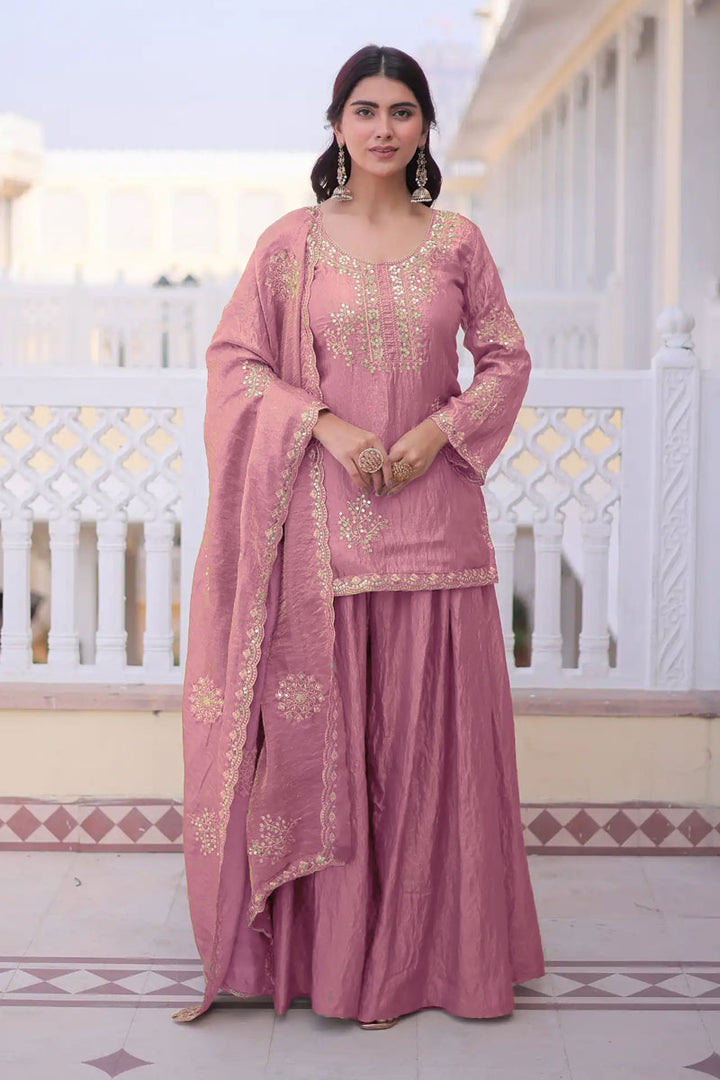 Fancy Fabric Pink Readymade Embroidered Palazzo Suit
