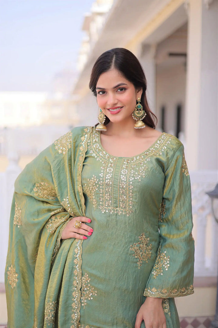 Tempting Fancy Fabric Olive Color Readymade Palazzo Suit