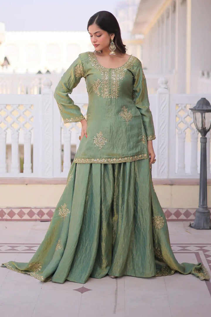 Tempting Fancy Fabric Olive Color Readymade Palazzo Suit