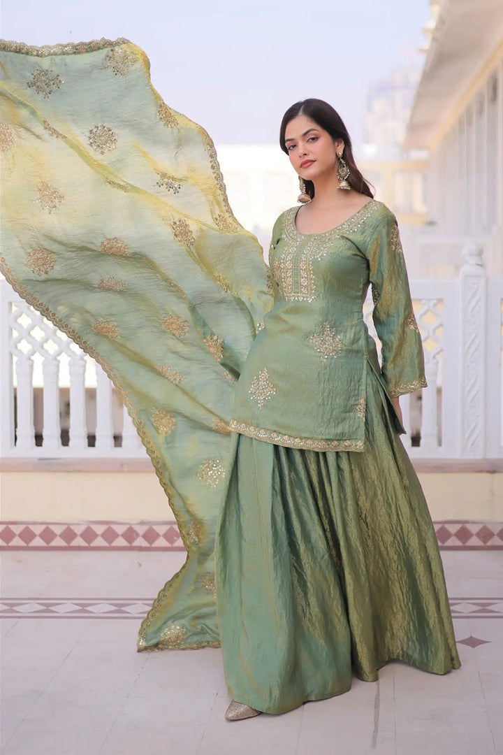 Tempting Fancy Fabric Olive Color Readymade Palazzo Suit
