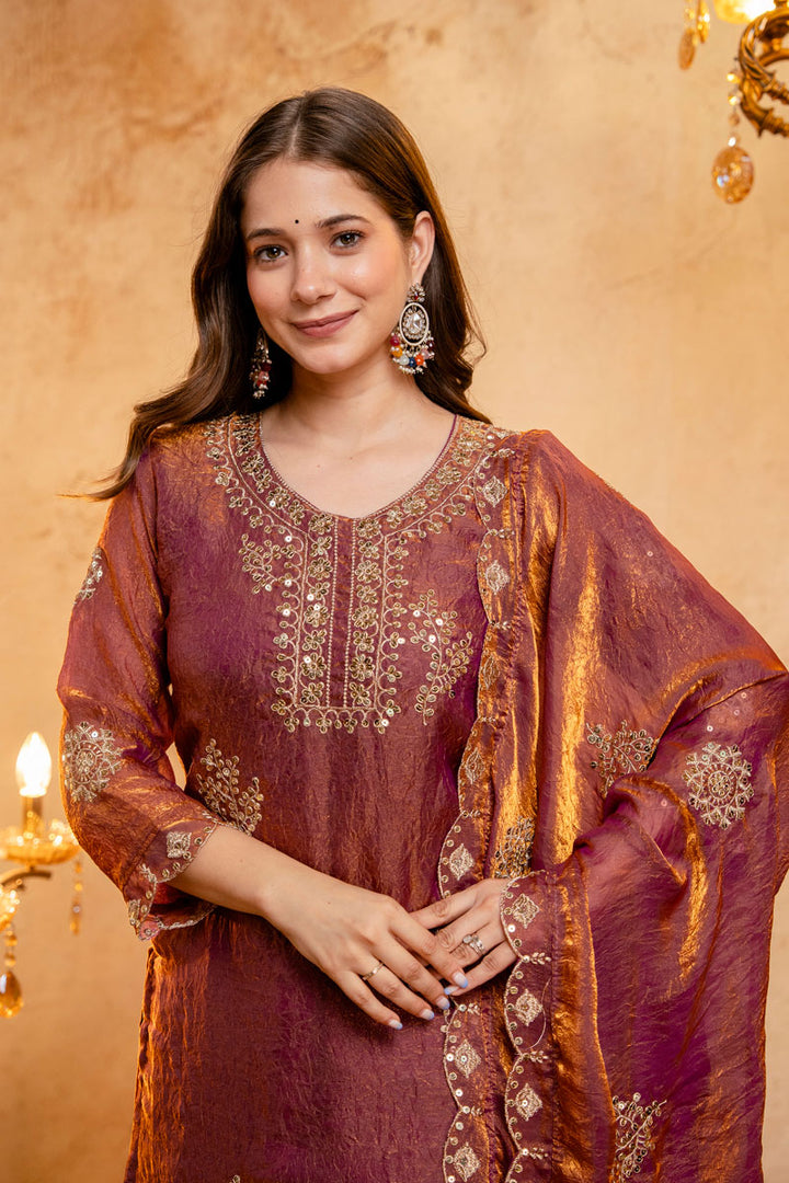 Engaging Rust Color Fancy Fabric Palazzo Suit For Festive