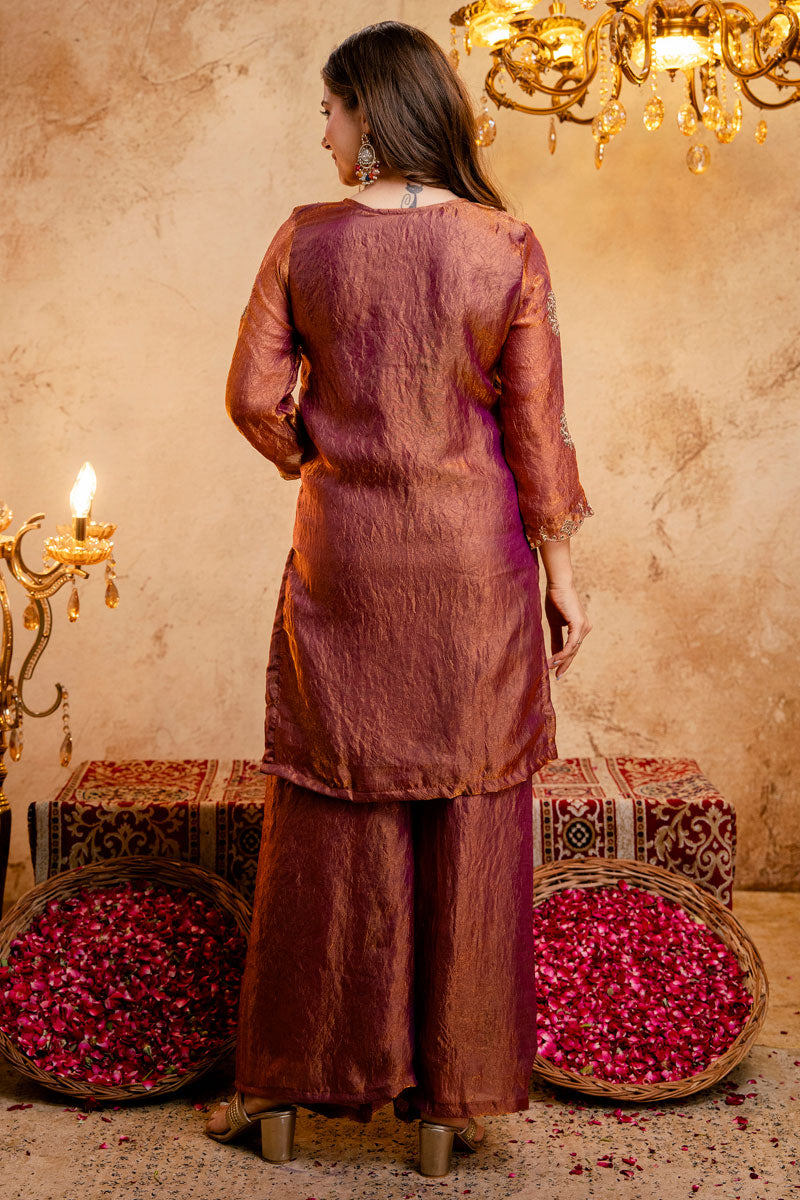 Engaging Rust Color Fancy Fabric Palazzo Suit For Festive
