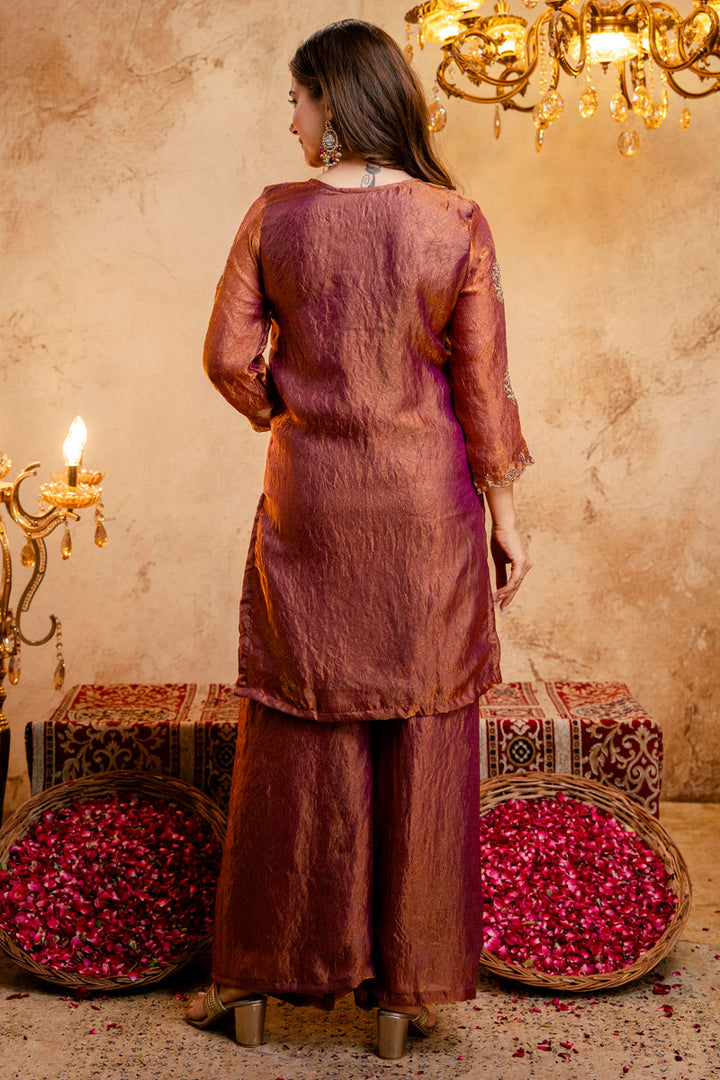 Engaging Rust Color Fancy Fabric Palazzo Suit For Festive