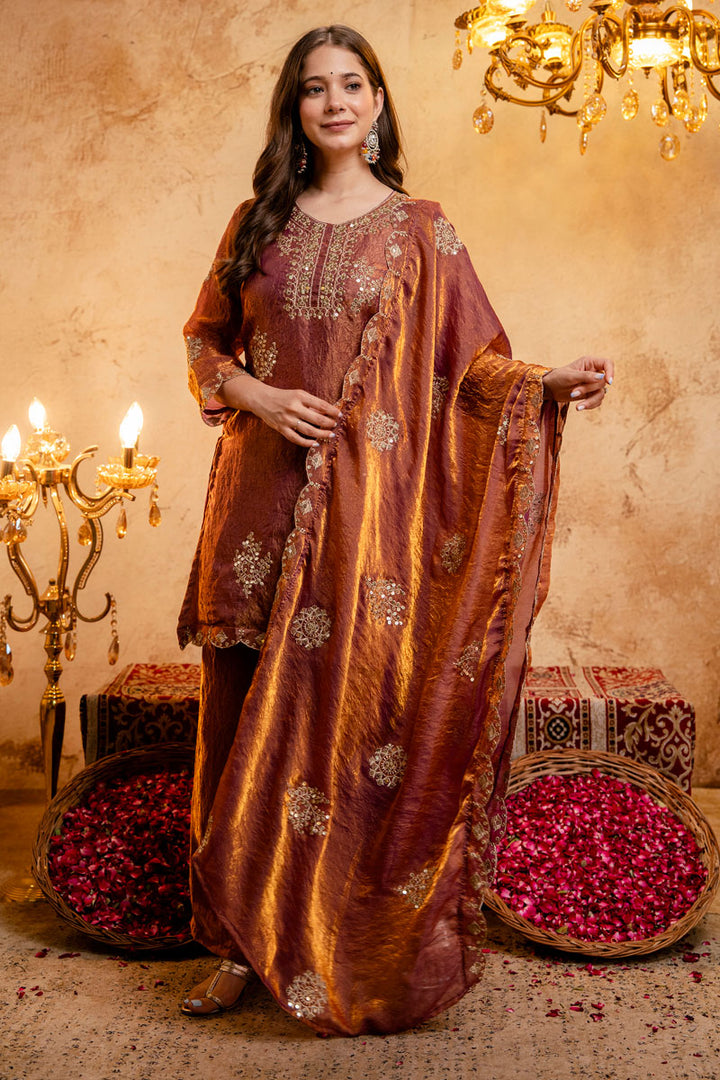 Engaging Rust Color Fancy Fabric Palazzo Suit For Festive