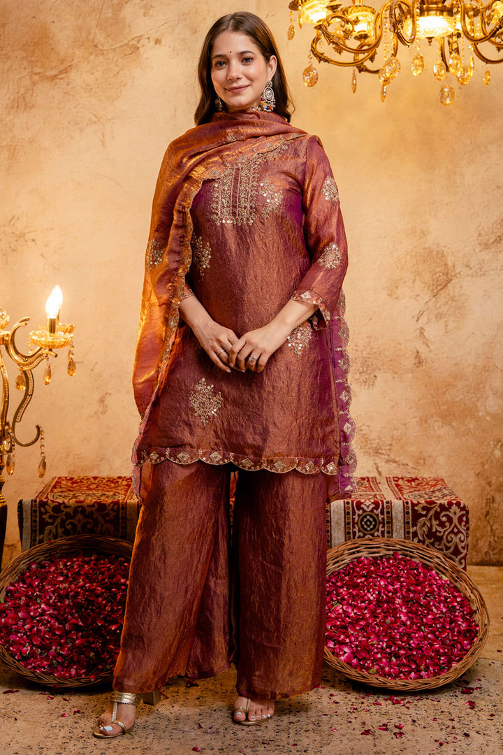 Engaging Rust Color Fancy Fabric Palazzo Suit For Festive
