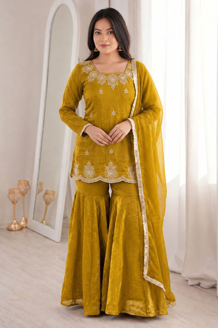Classic Embroidered On Mustard Color Sharara Suit
