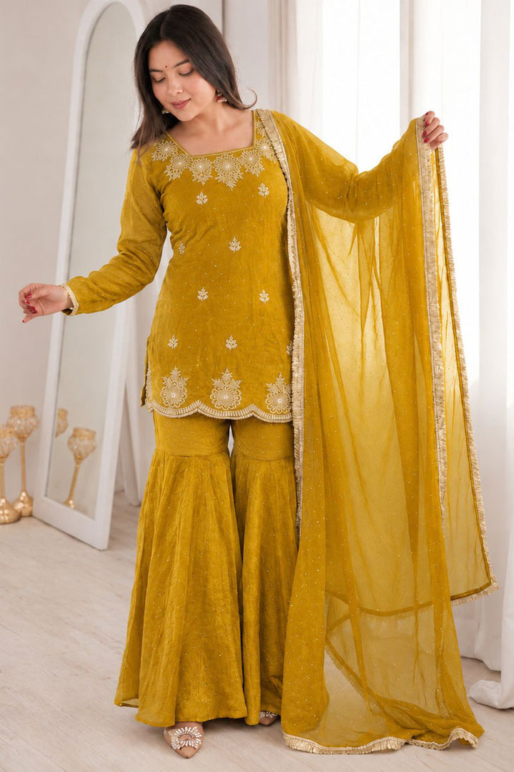 Classic Embroidered On Mustard Color Sharara Suit
