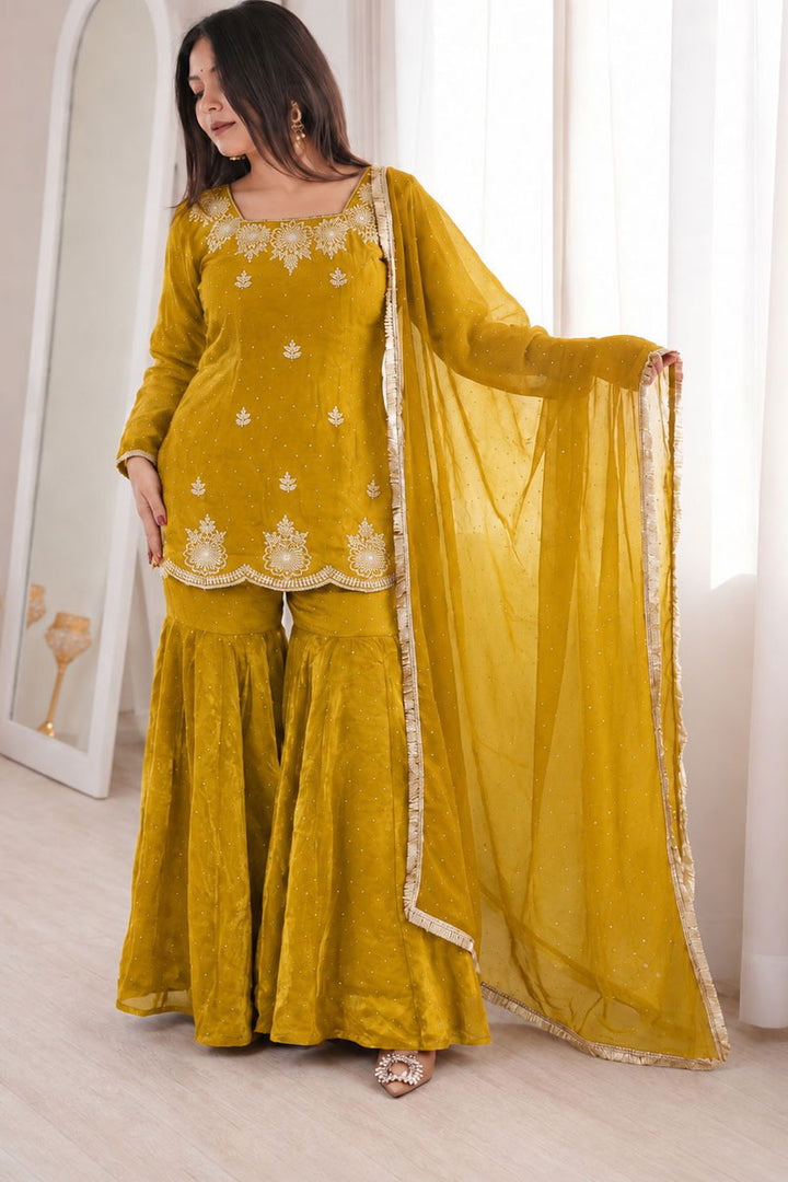 Classic Embroidered On Mustard Color Sharara Suit
