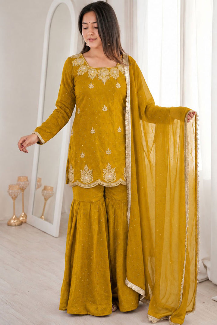 Classic Embroidered On Mustard Color Sharara Suit