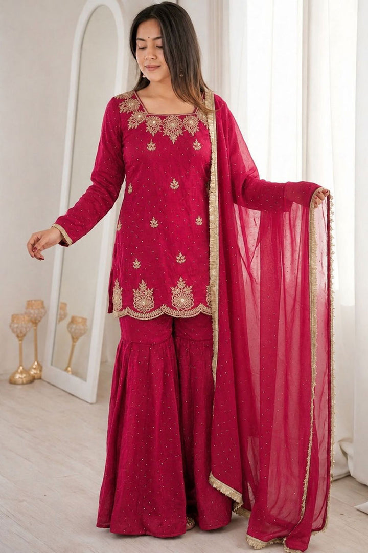 Fancy Fabric Rani Color Festive Style Sharara Suit