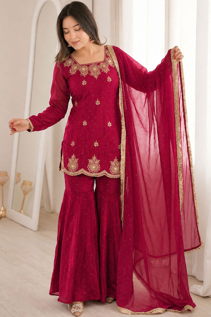Fancy Fabric Rani Color Festive Style Sharara Suit