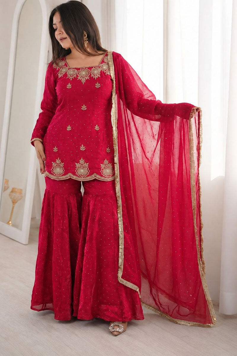 Fancy Fabric Rani Color Festive Style Sharara Suit