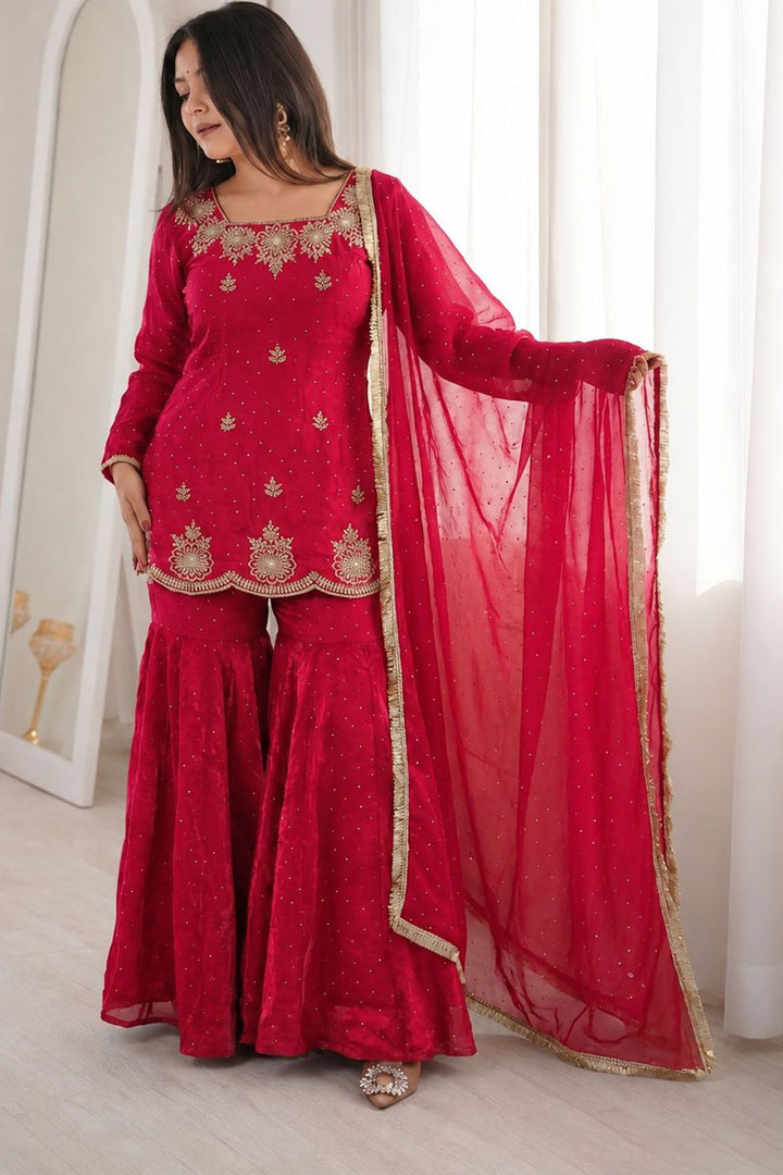 Fancy Fabric Rani Color Festive Style Sharara Suit