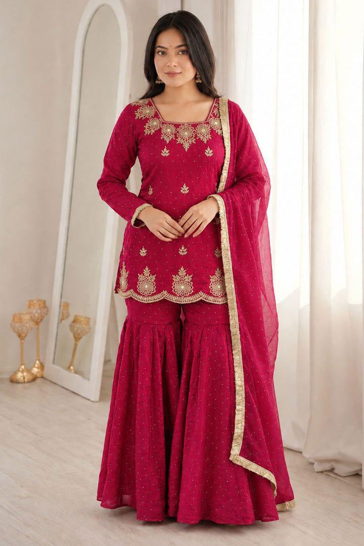 Fancy Fabric Rani Color Festive Style Sharara Suit