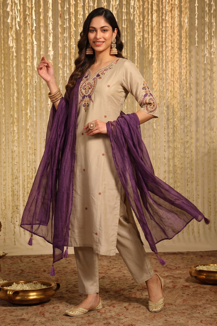 Chanderi Fabric Readymade Salwar Suit In Beige Color