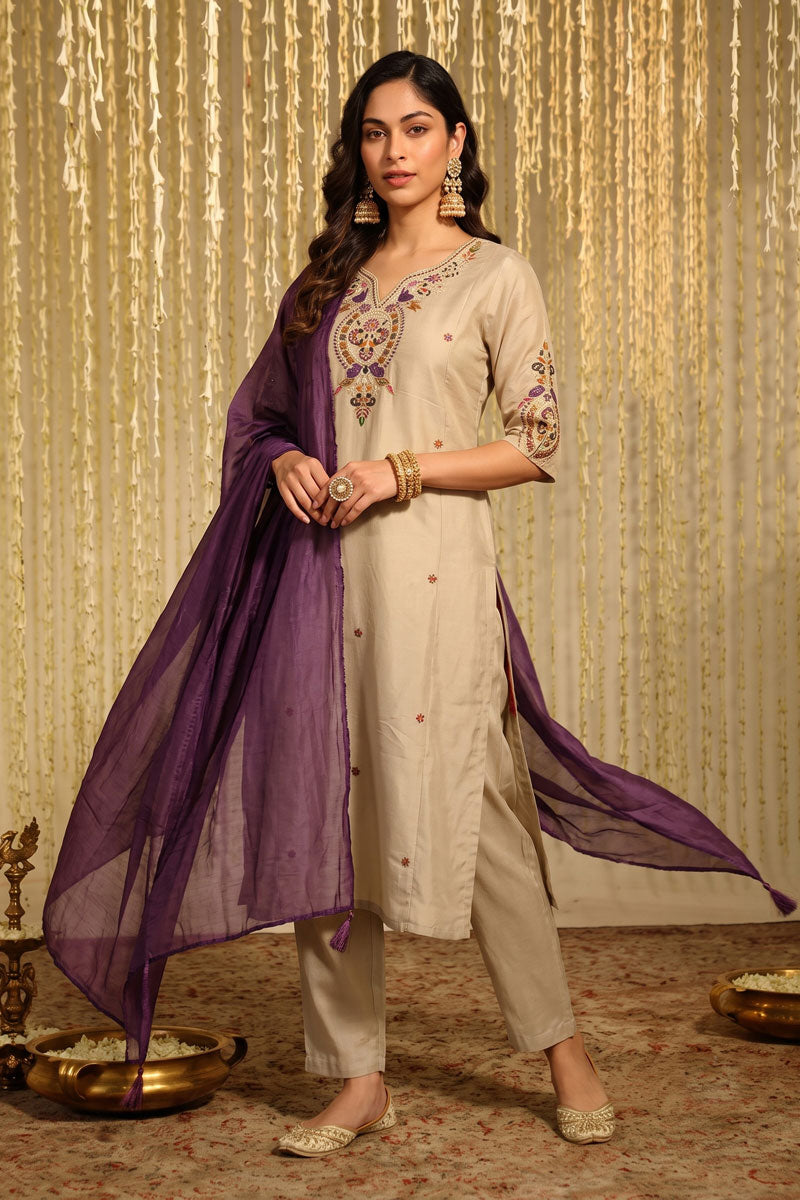 Chanderi Fabric Readymade Salwar Suit In Beige Color