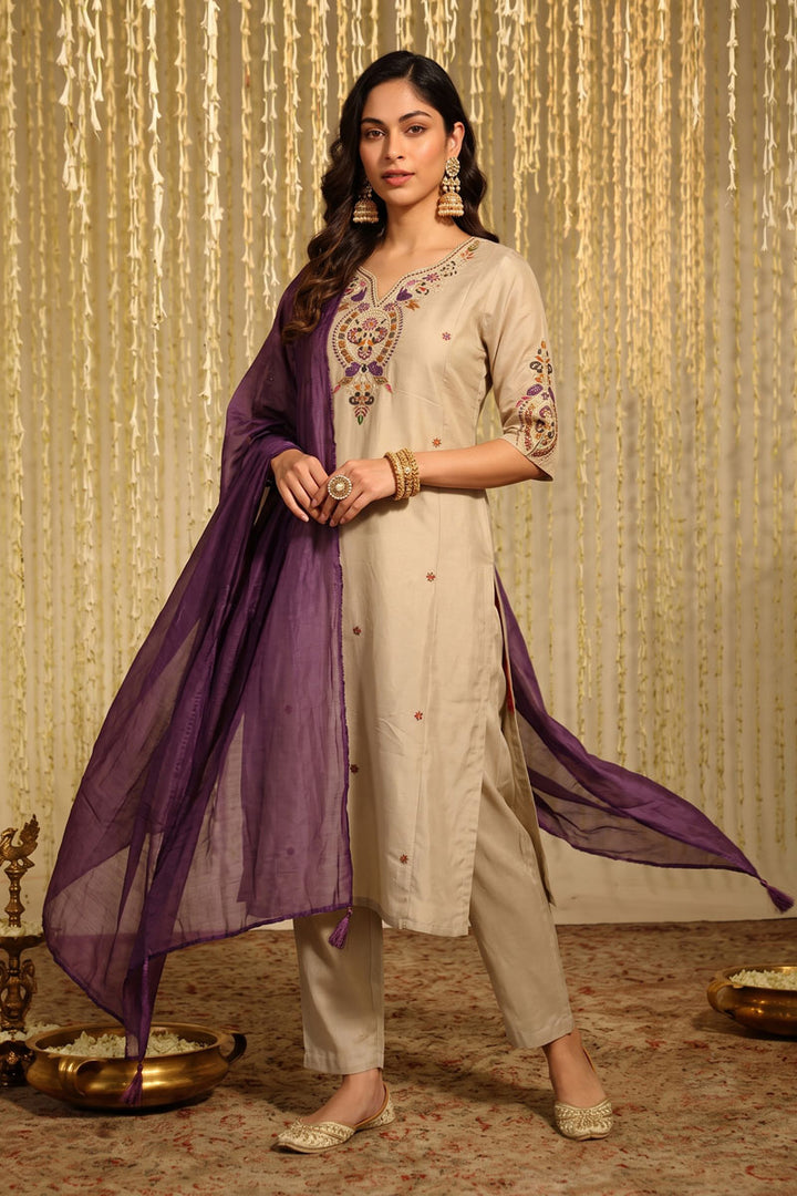Chanderi Fabric Readymade Salwar Suit In Beige Color