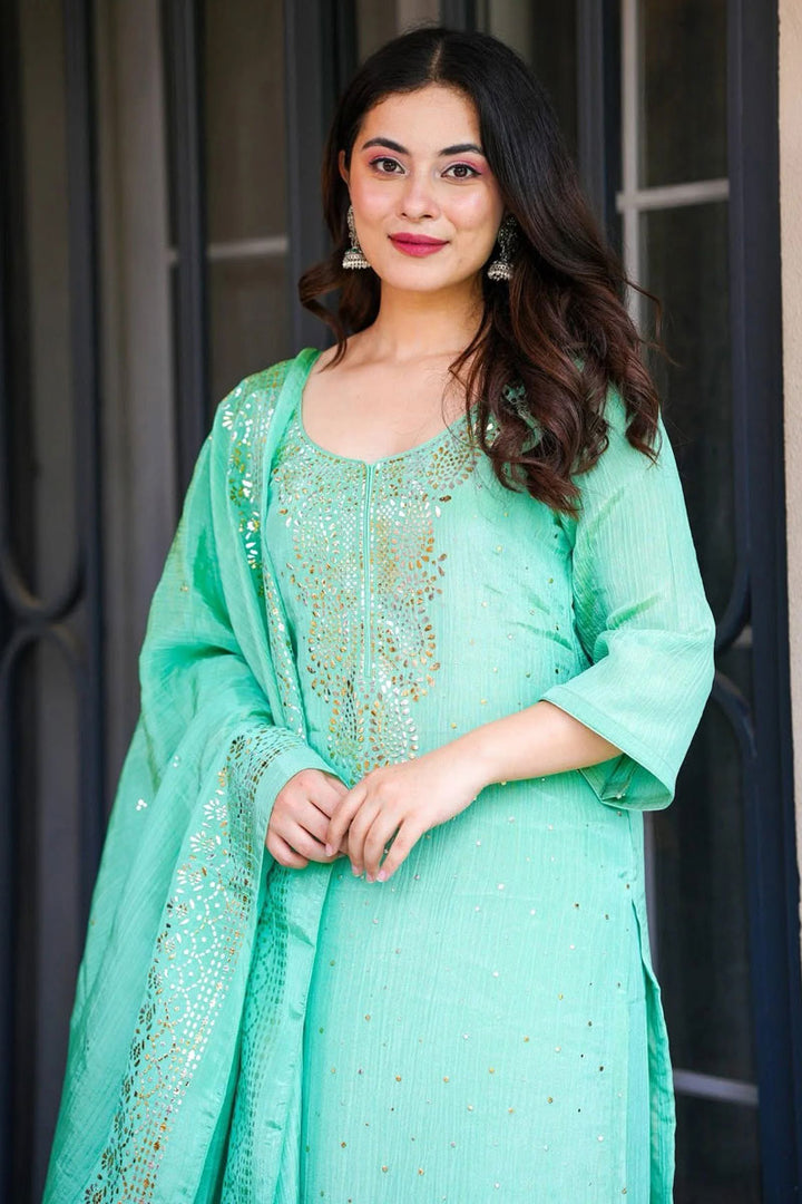 Fancy Work On Chinon Fabric Palazzo Suit In Sea Green Color