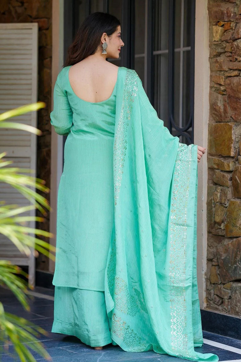 Fancy Work On Chinon Fabric Palazzo Suit In Sea Green Color