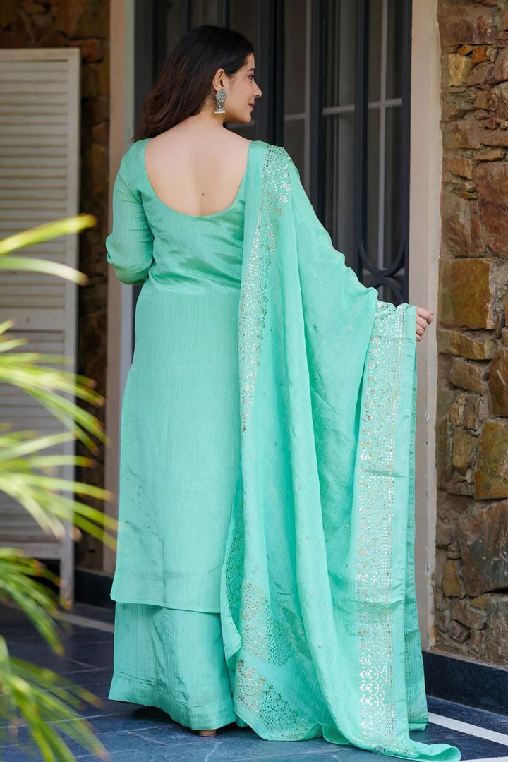 Fancy Work On Chinon Fabric Palazzo Suit In Sea Green Color