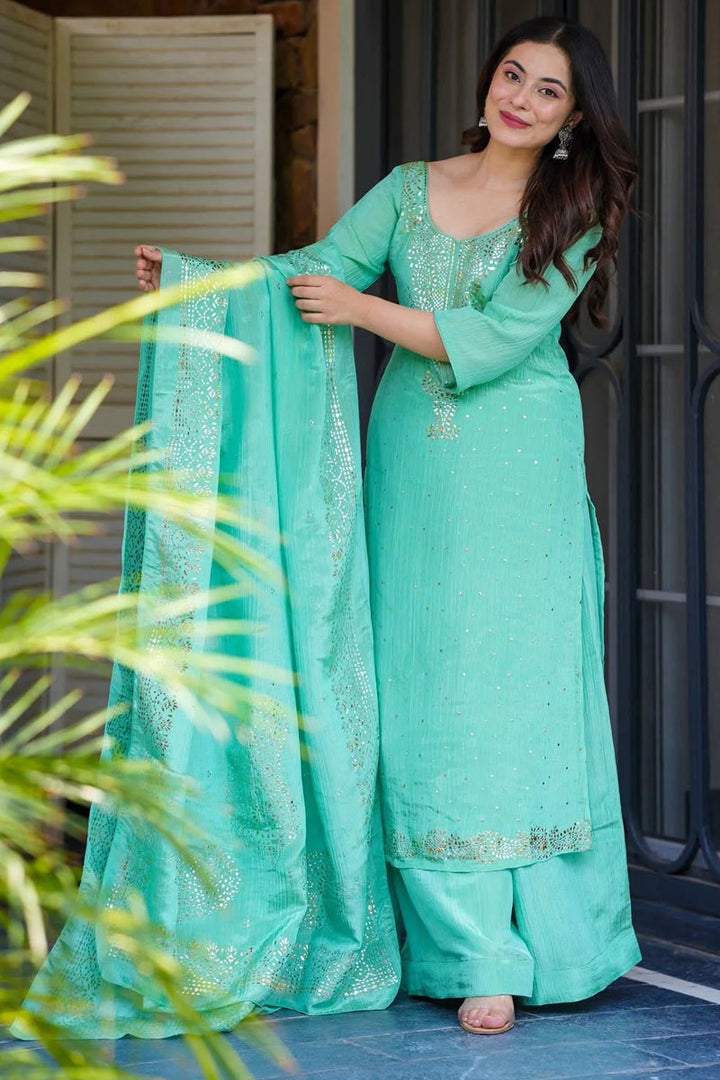 Fancy Work On Chinon Fabric Palazzo Suit In Sea Green Color