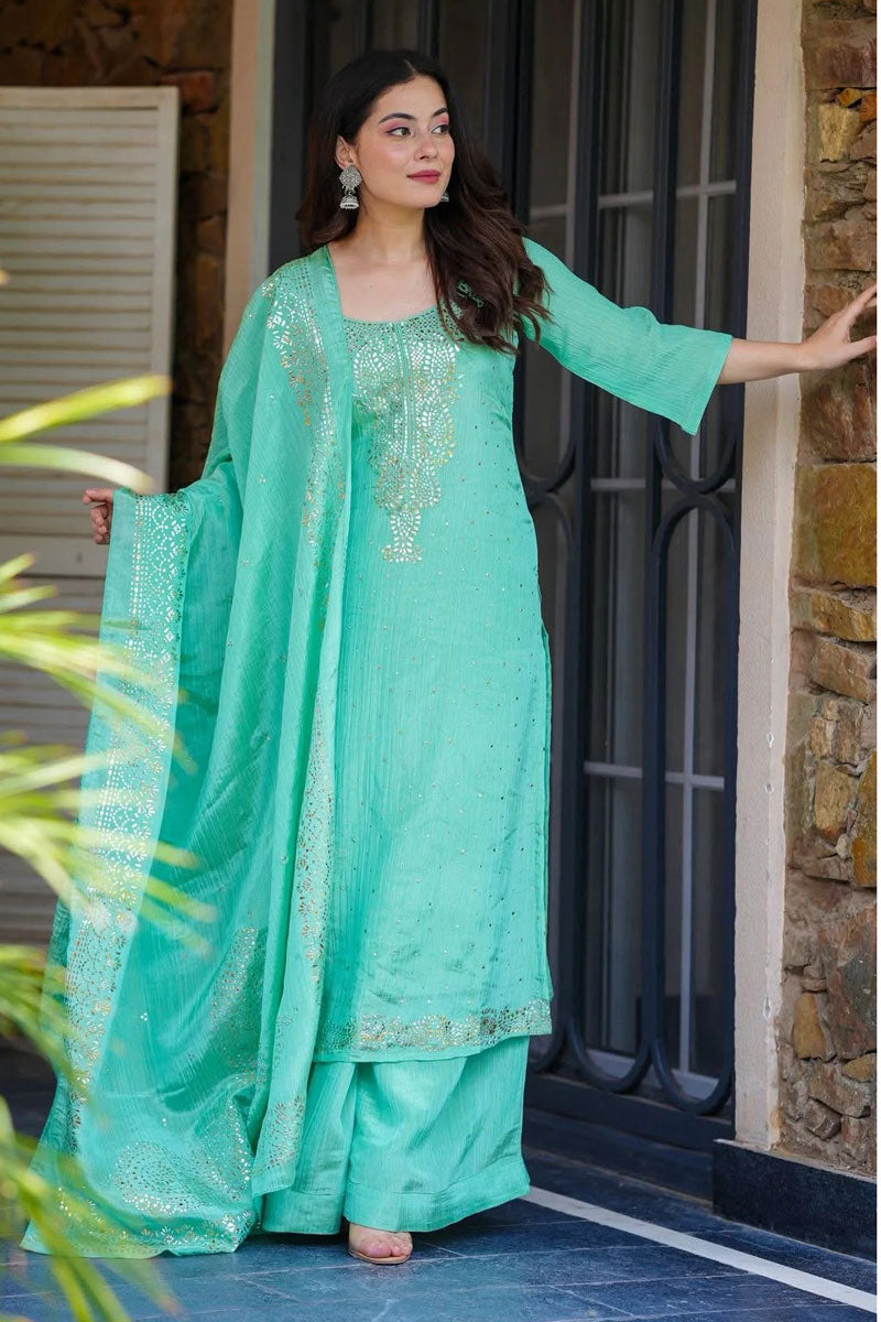 Fancy Work On Chinon Fabric Palazzo Suit In Sea Green Color