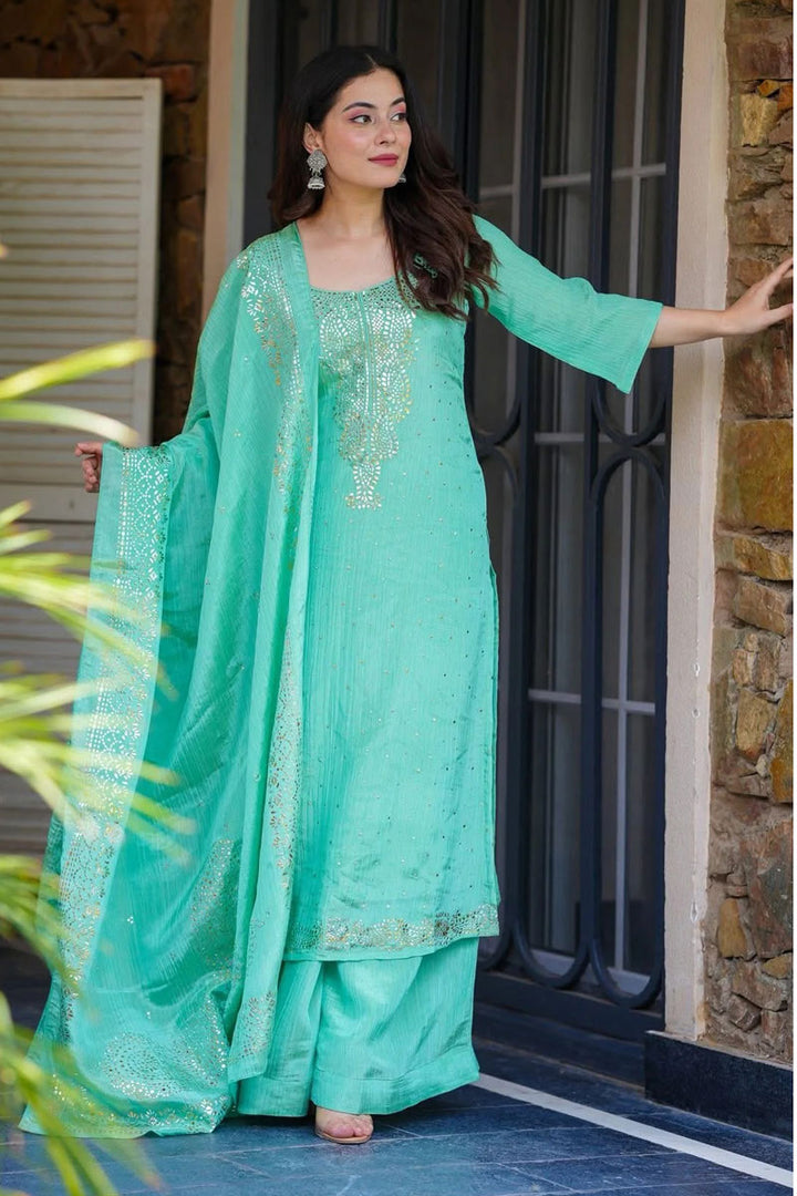 Fancy Work On Chinon Fabric Palazzo Suit In Sea Green Color