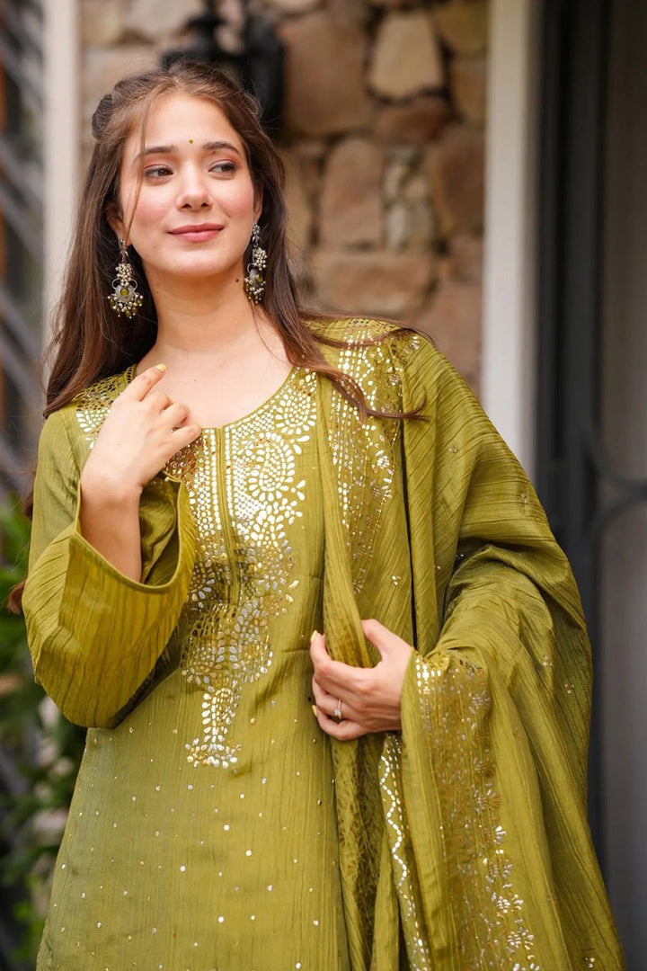 Amazing Green Chinon Fabric Readymade Palazzo Suit