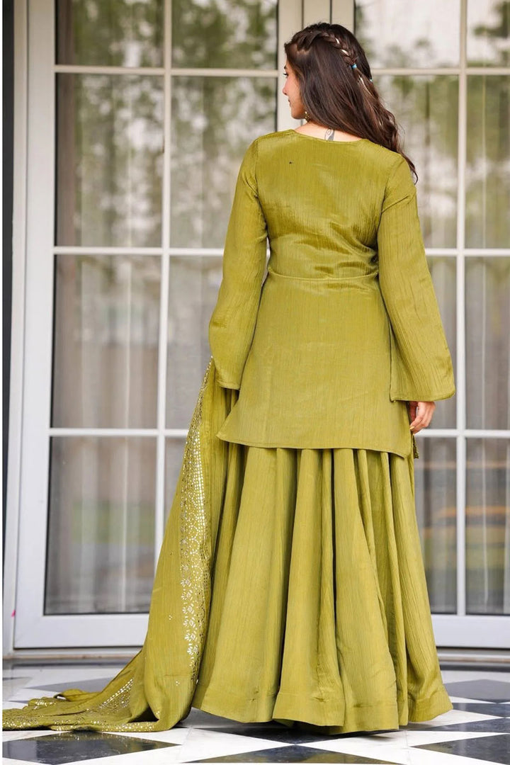 Amazing Green Chinon Fabric Readymade Palazzo Suit