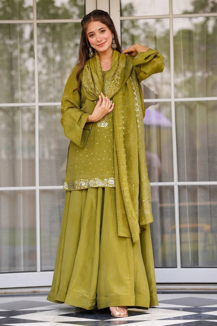 Amazing Green Chinon Fabric Readymade Palazzo Suit