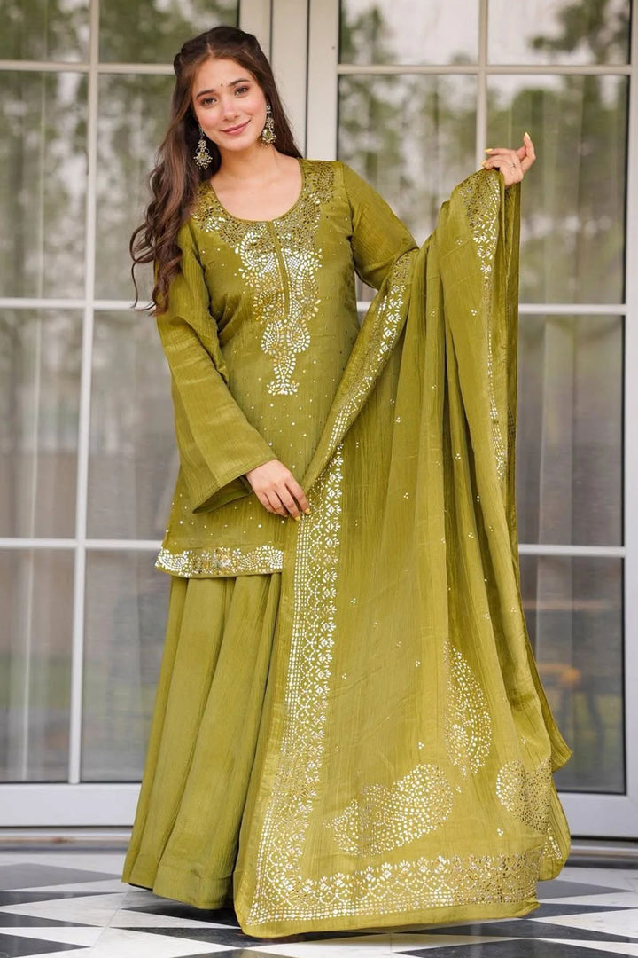 Amazing Green Chinon Fabric Readymade Palazzo Suit