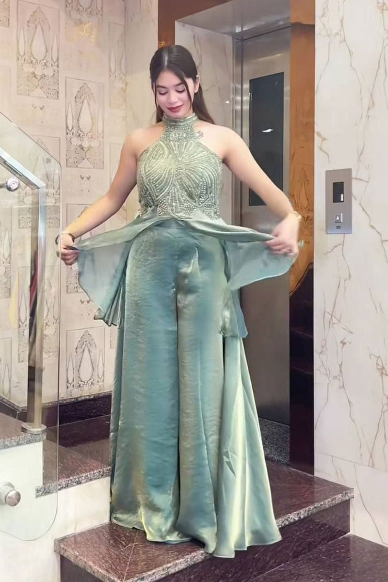 Fancy Fabric Indo Western Palazzo Set In Sea Green Color