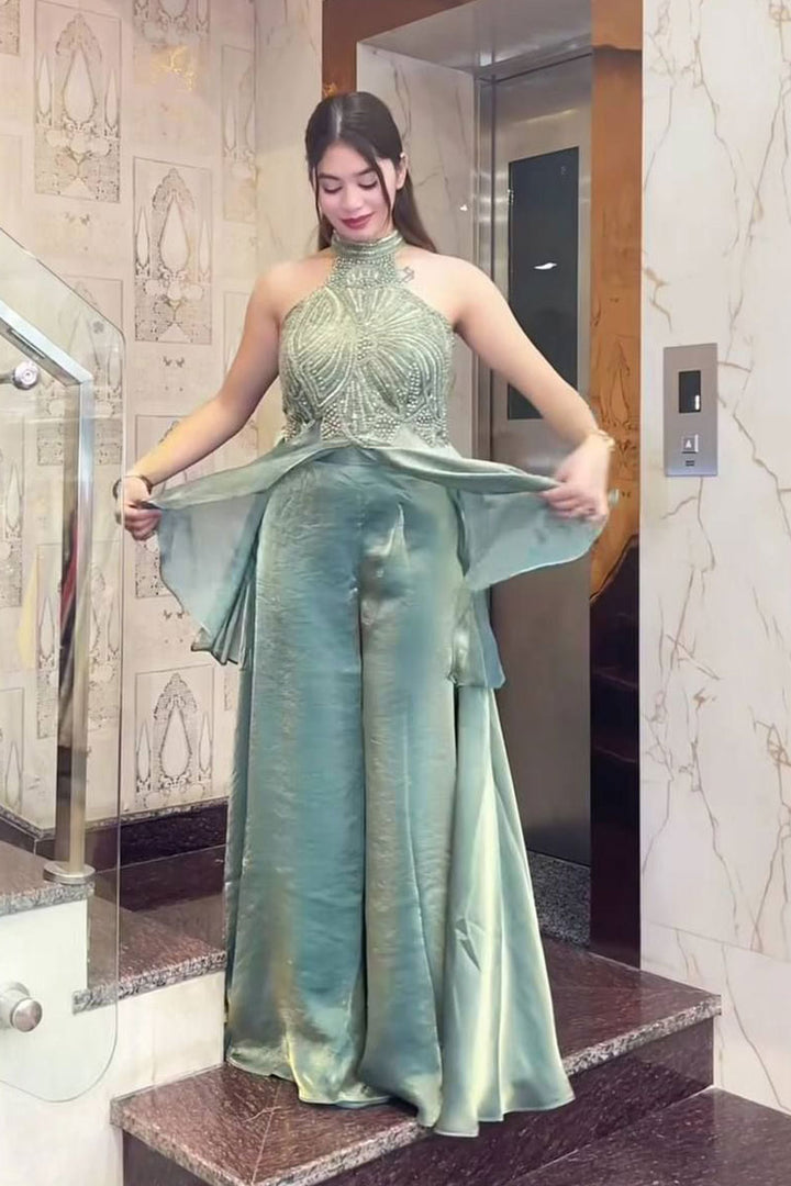 Fancy Fabric Indo Western Palazzo Set In Sea Green Color