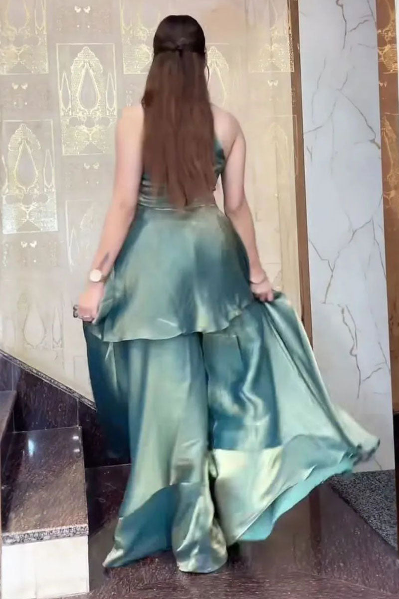 Fancy Fabric Indo Western Palazzo Set In Sea Green Color
