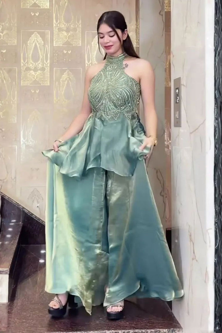 Fancy Fabric Indo Western Palazzo Set In Sea Green Color