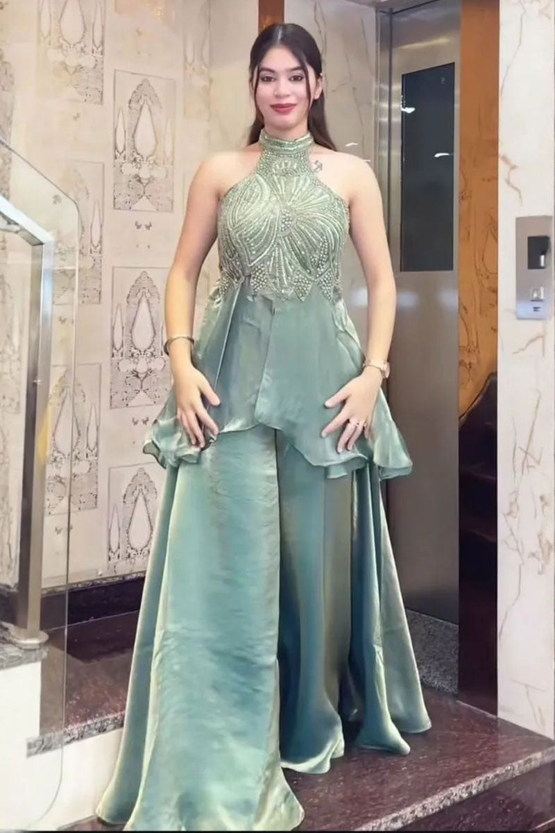 Fancy Fabric Indo Western Palazzo Set In Sea Green Color